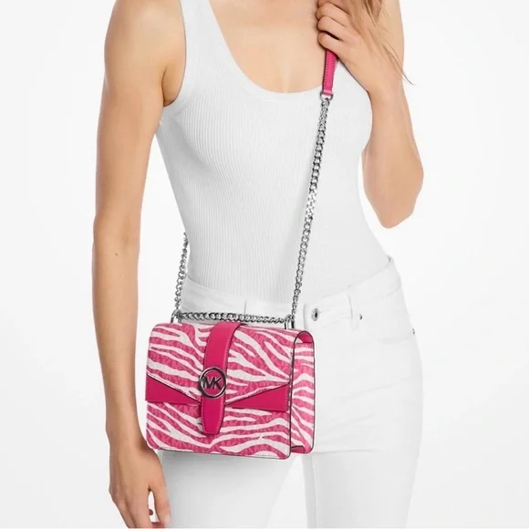 12 HR SALE❣️ NWT Michael Kors MK Pink & White Zebra Print Crossbody Shoulder Bag - Picture 3 of 9